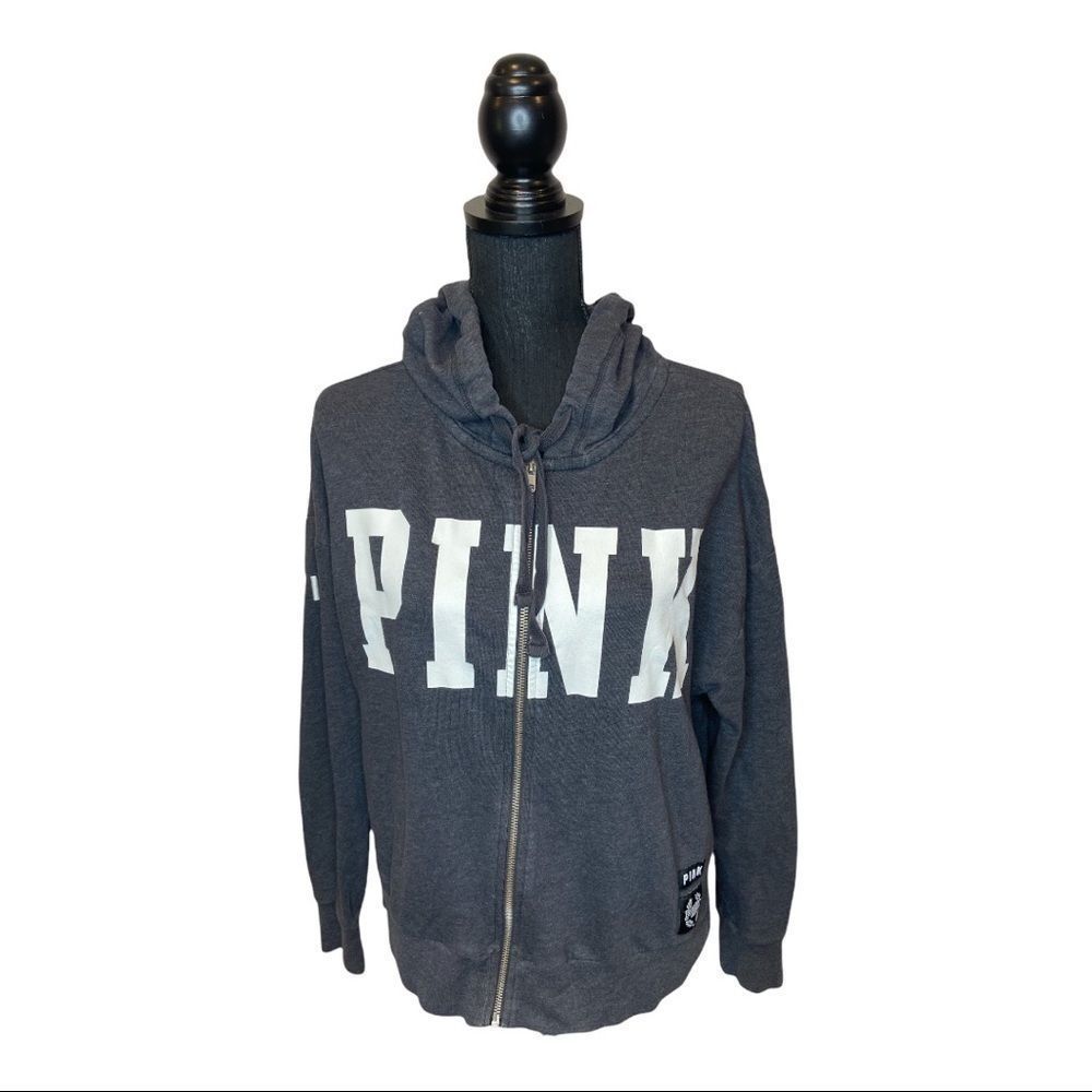 Victoria’s Secret PINK Logo Zip Up Hoodie Gray and White Size Small